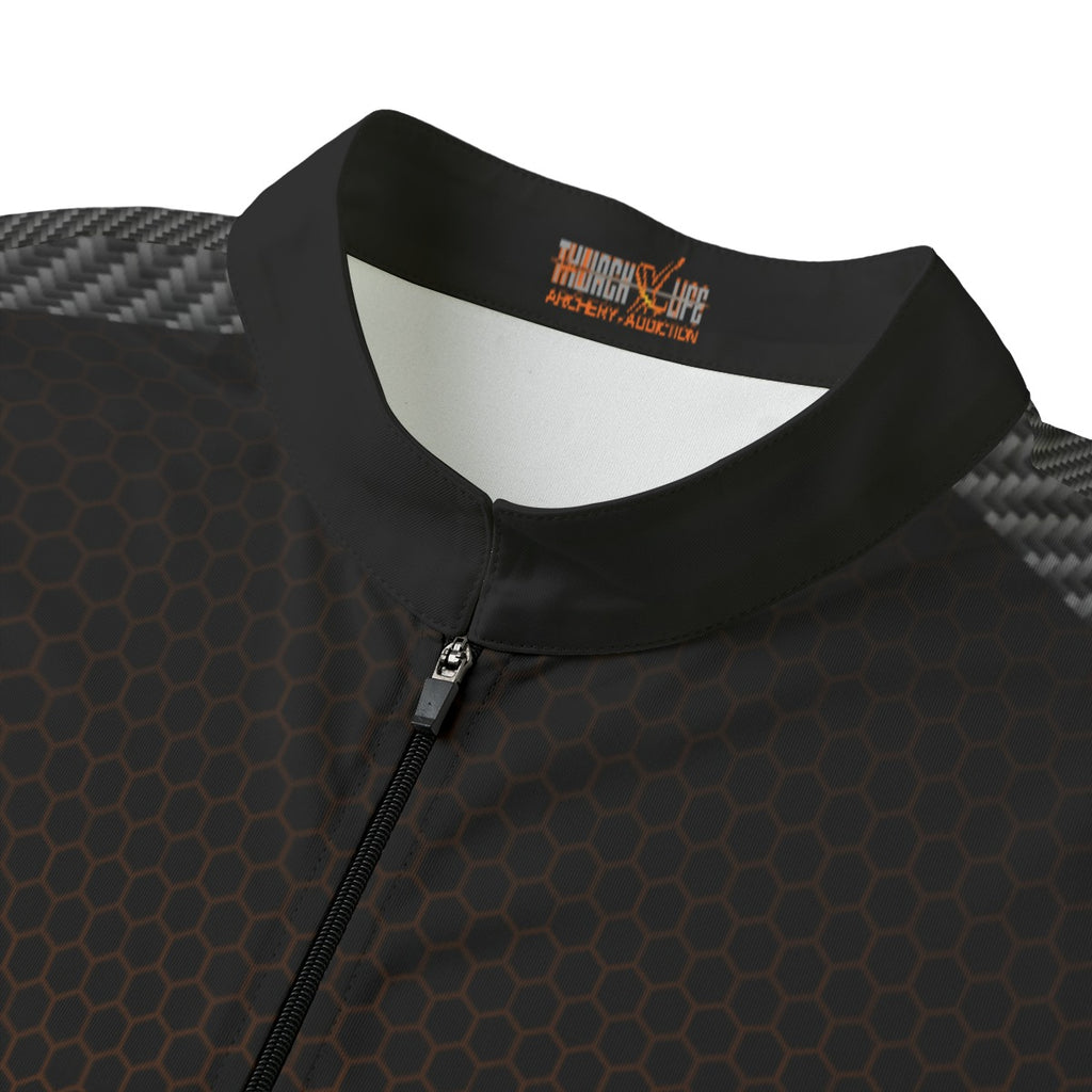Close-up of the shooter jersey stand collar and black half zipper with the wordmark printed inside the collar