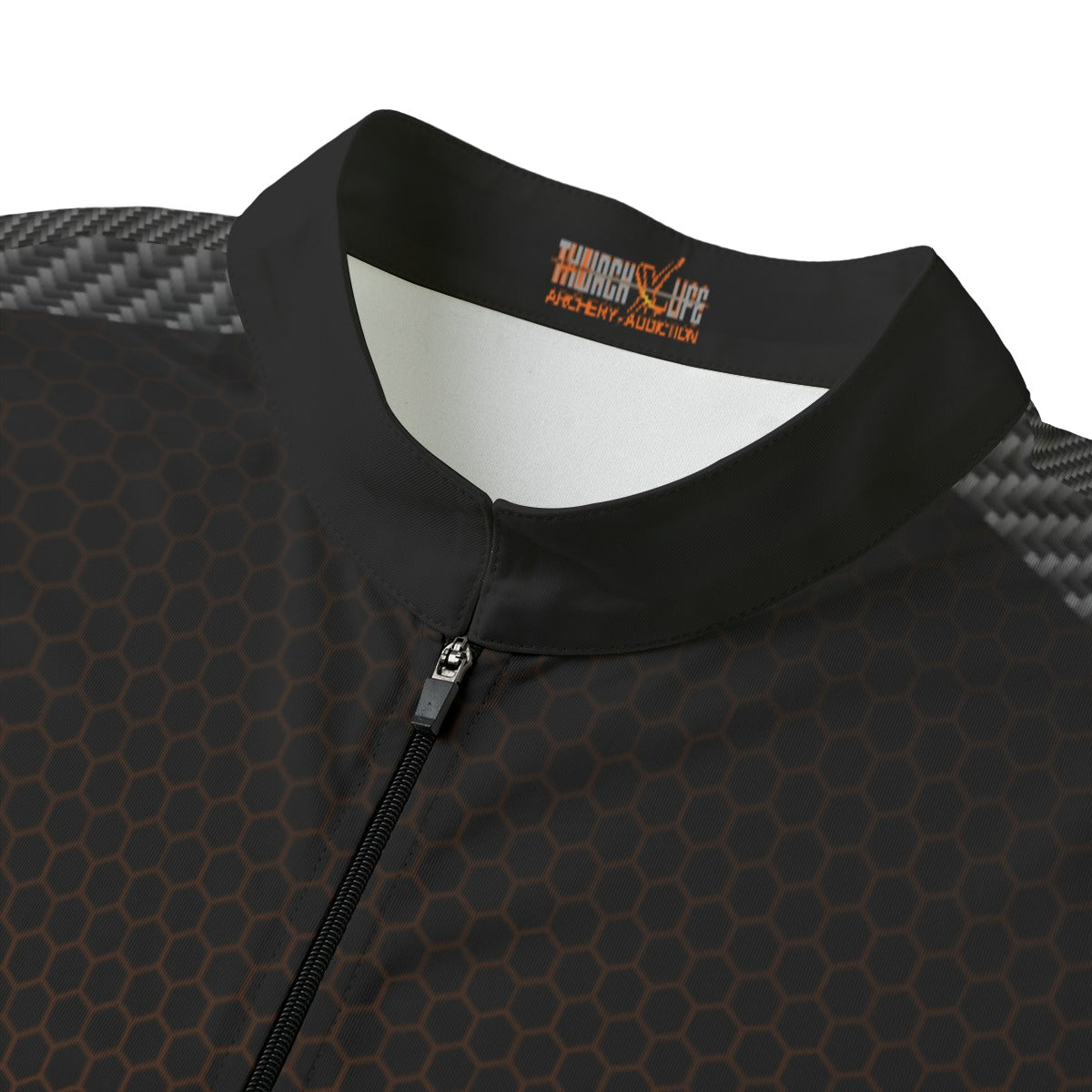 Close-up of the shooter jersey stand collar and black half zipper with the wordmark printed inside the collar