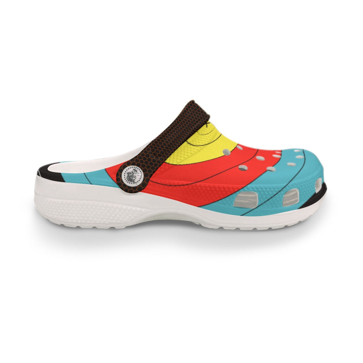 Side view of a single TLAA Target Clog showing the target rings wrapping the outer edge and the white EVA sole