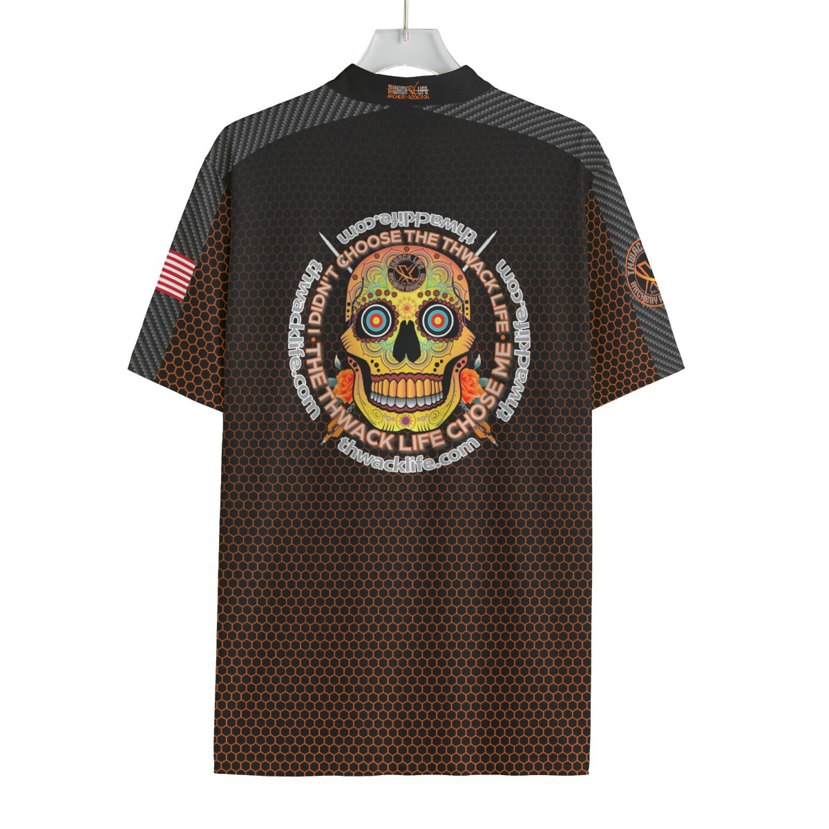 Back of the TLAA I Didn't Choose Shooter Jersey showing the Sugar Skull medallion and the line I didn't choose the Thwack Life, the Thwack Life chose me