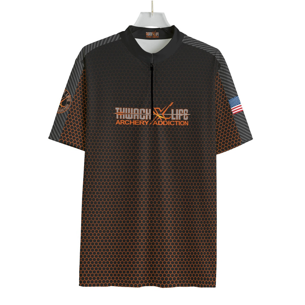 Front of the TLAA I Didn't Choose Shooter Jersey on a hanger, orange hex fade with the Thwack Life Archery Addiction wordmark and black half zipper