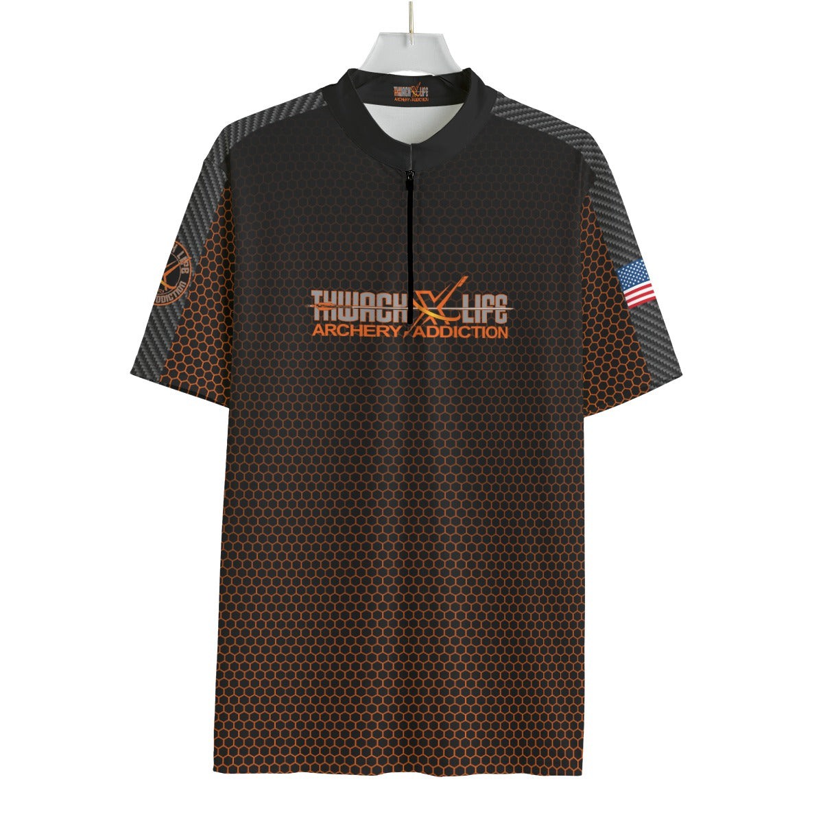 Front of the TLAA I Didn't Choose Shooter Jersey on a hanger, orange hex fade with the Thwack Life Archery Addiction wordmark and black half zipper