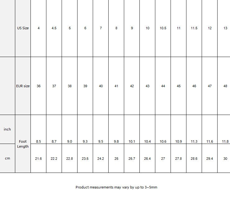 Clog size chart: US 4 to 13, EUR 36 to 48, foot length 8.5 to 11.8 inches (21.6 to 30 cm)