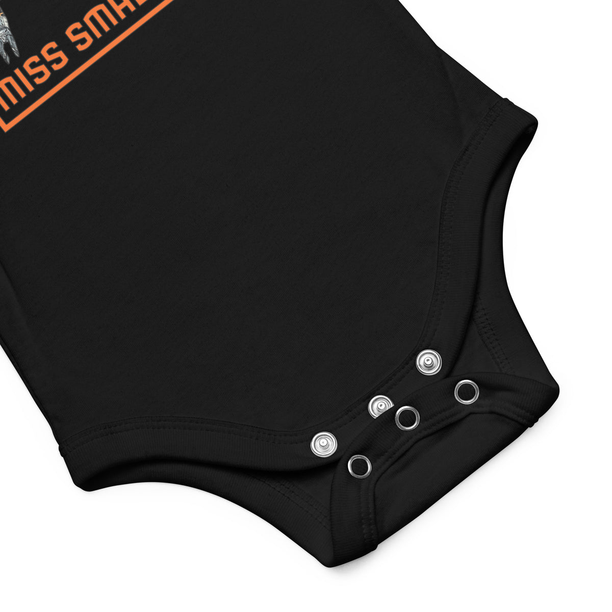 Aim Small Miss Small Baby Onesie in Black, close-up of the snap closure