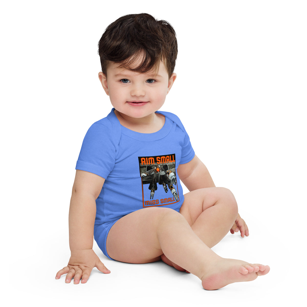 Aim Small Miss Small Baby Onesie in Heather Columbia Blue, worn by a seated baby
