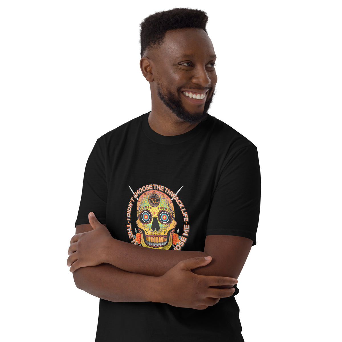 I Didn't Choose Sugar Skull T-Shirt in Black, front view on a model, arms crossed