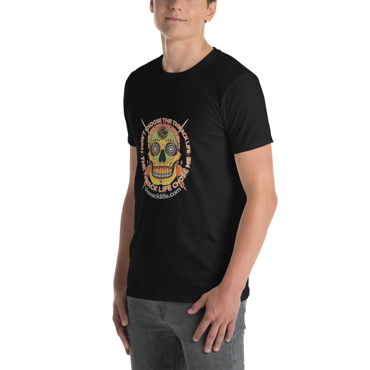 I Didn't Choose Sugar Skull T-Shirt in Black, side view on a model