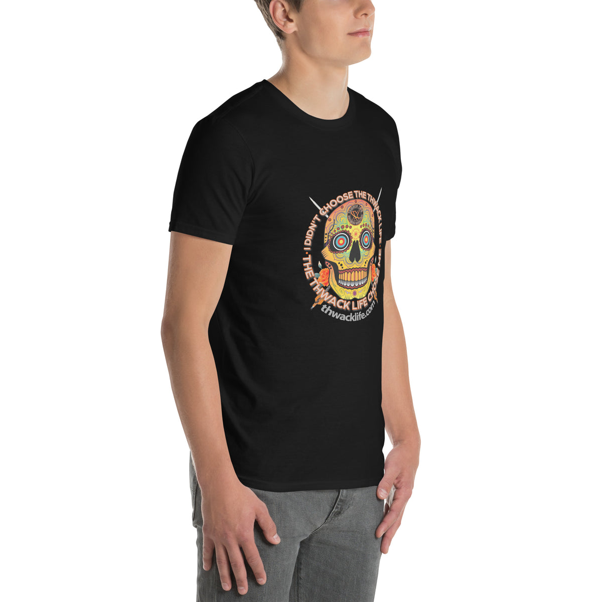 I Didn't Choose Sugar Skull T-Shirt in Black, three-quarter view on a model