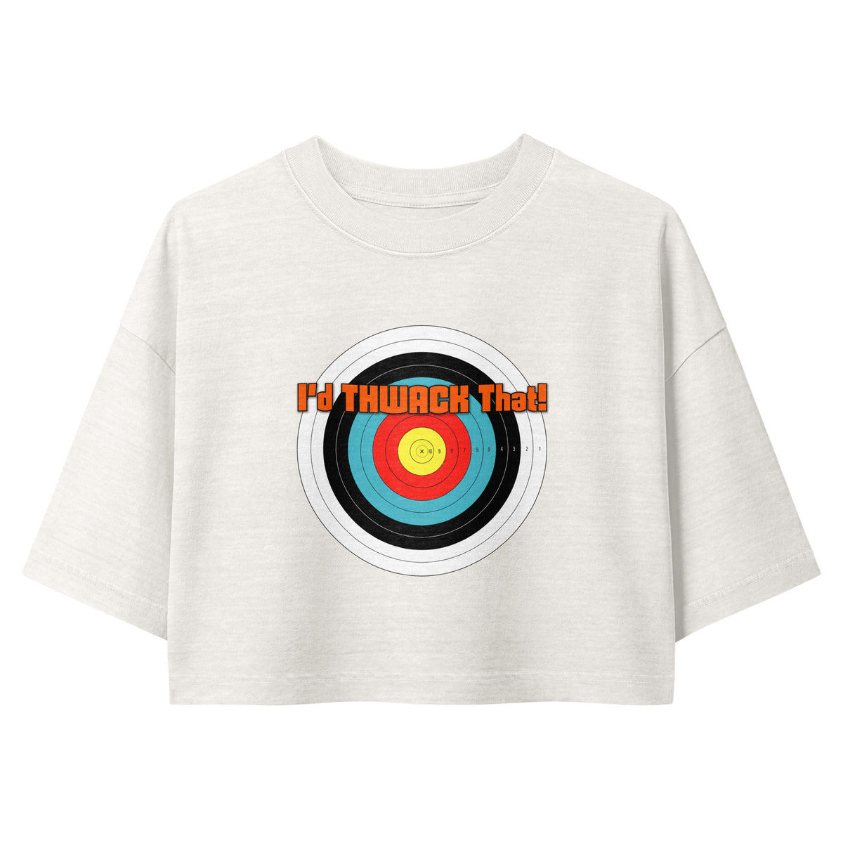 I'd Thwack That Cropped Tee in Vintage White, flat front view with the I'd THWACK That! target design
