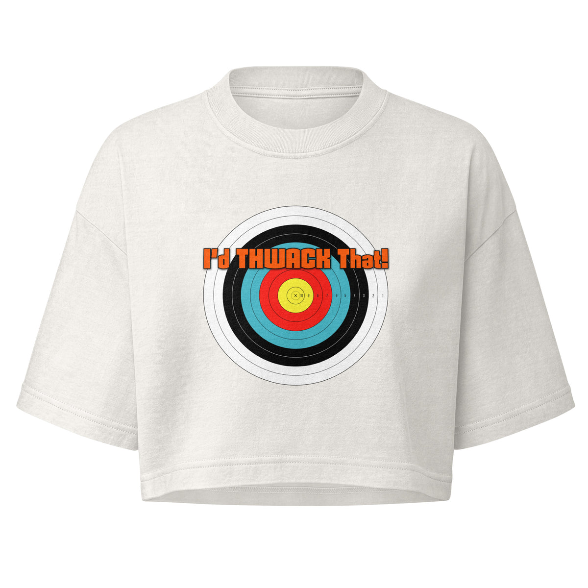 I'd Thwack That Cropped Tee in Vintage White, flat front view with the I'd THWACK That! target design