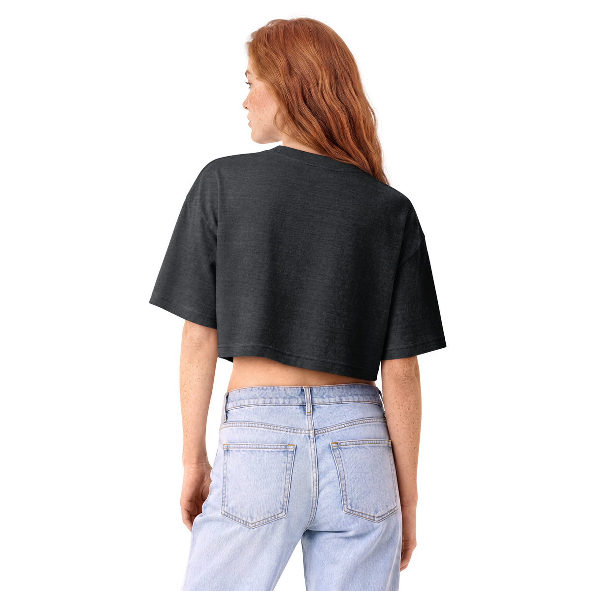 I'd Thwack That Cropped Tee in Washed Black, back view on a model