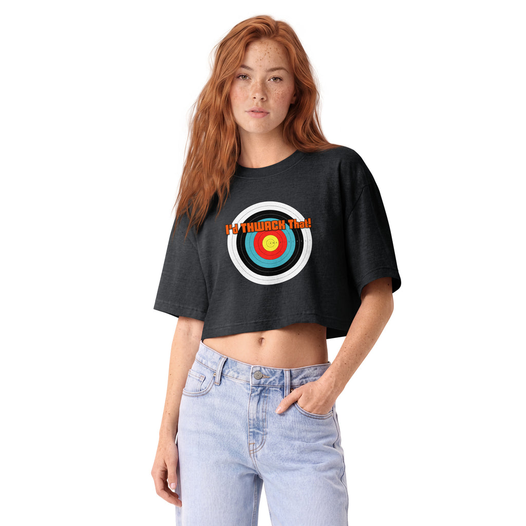 I'd Thwack That Cropped Tee in Washed Black, front view on a model with the I'd THWACK That! target design
