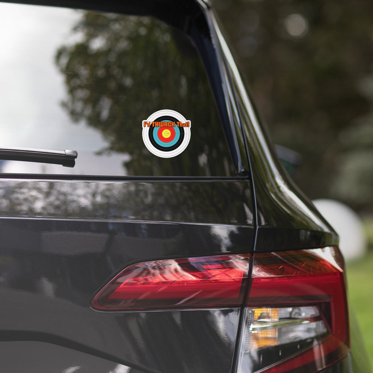 I'd Thwack That Stickers, 4 x 4 inch sticker of the I'd THWACK That! target design on a car window