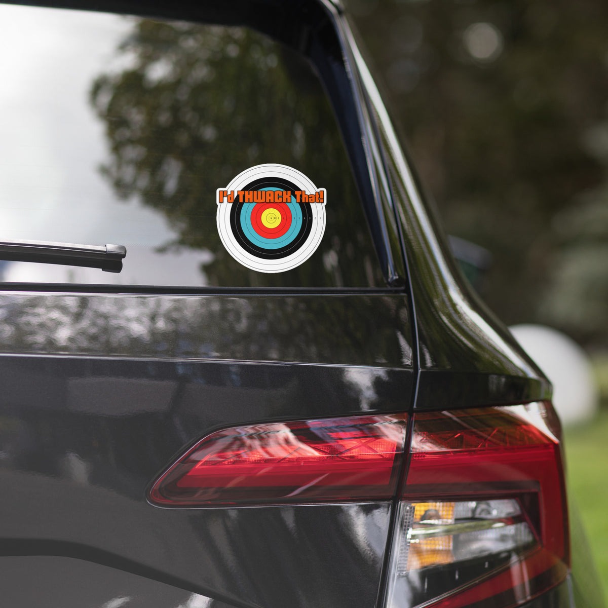I'd Thwack That Stickers, 5.5 x 5.5 inch sticker of the I'd THWACK That! target design on a car window