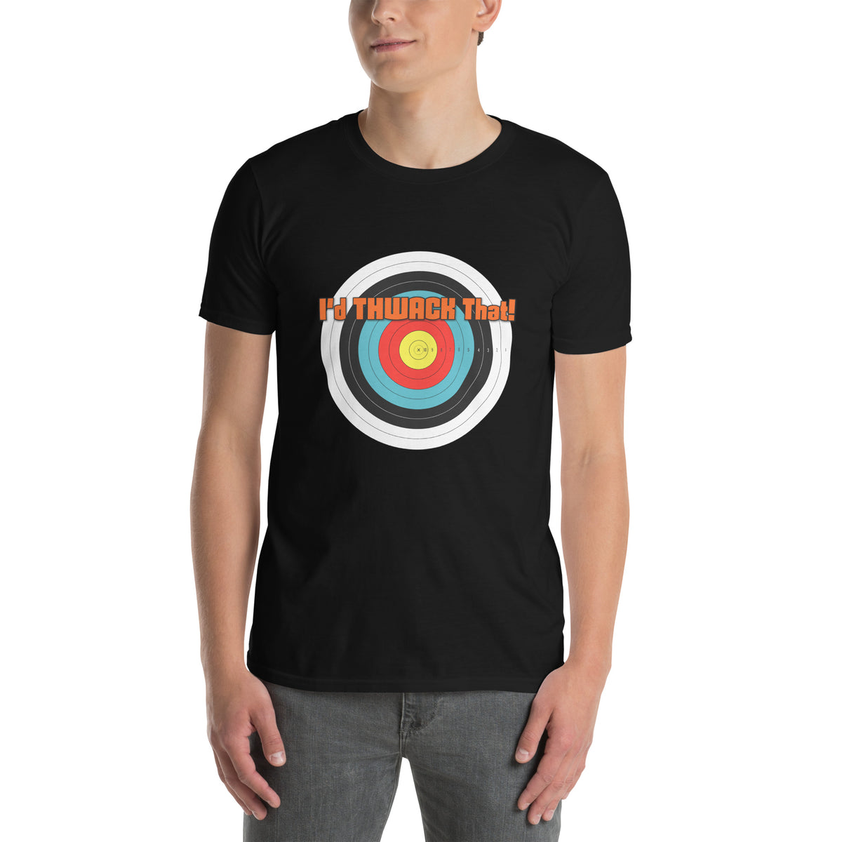 I'd Thwack That T-Shirt in Black, front view on a model with the I'd THWACK That! target design