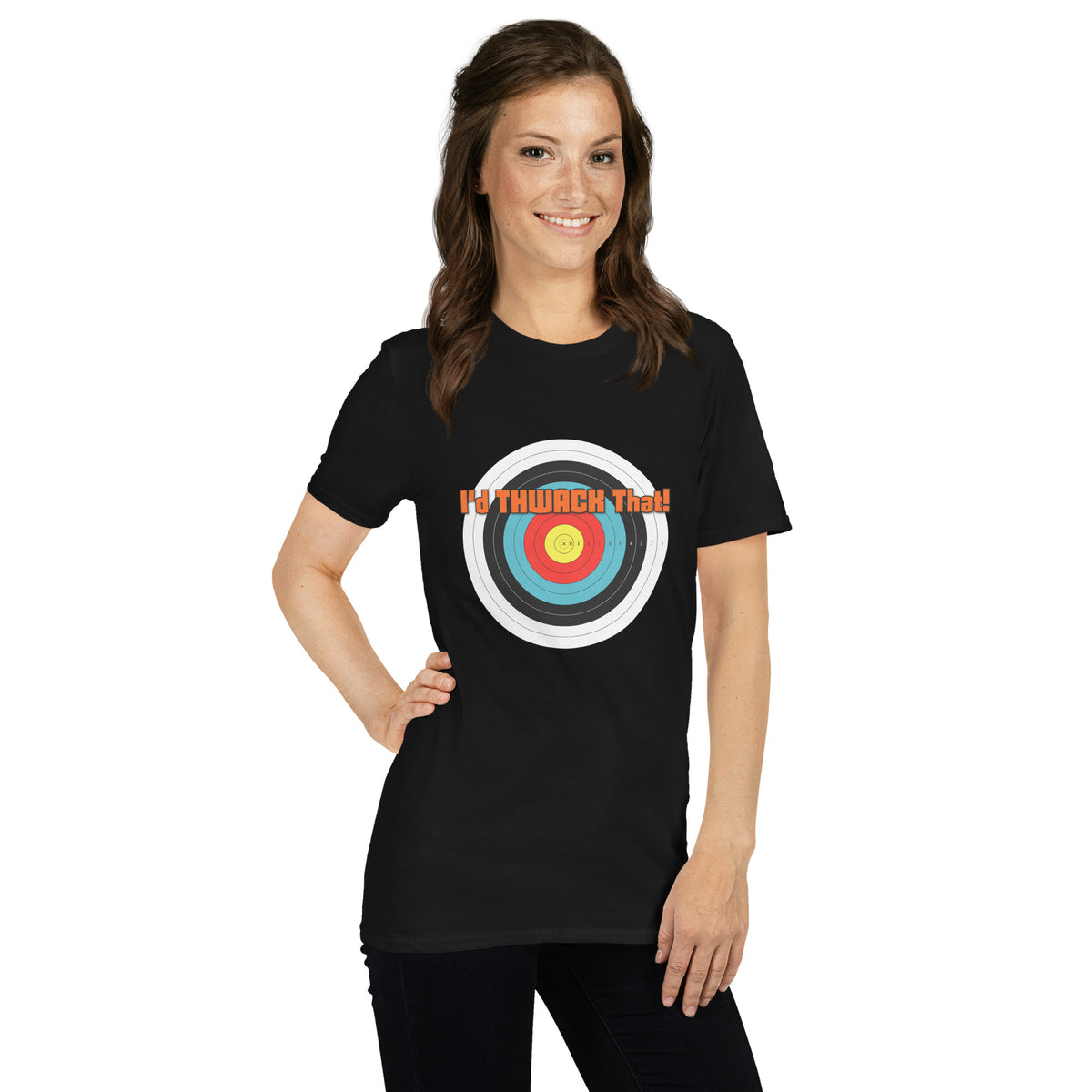 I'd Thwack That T-Shirt in Black, front view on a model with the I'd THWACK That! target design