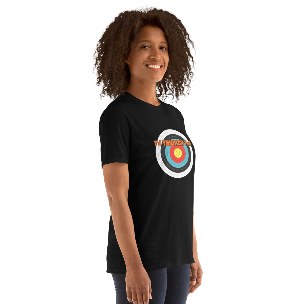 I'd Thwack That T-Shirt in Black, side view on a model