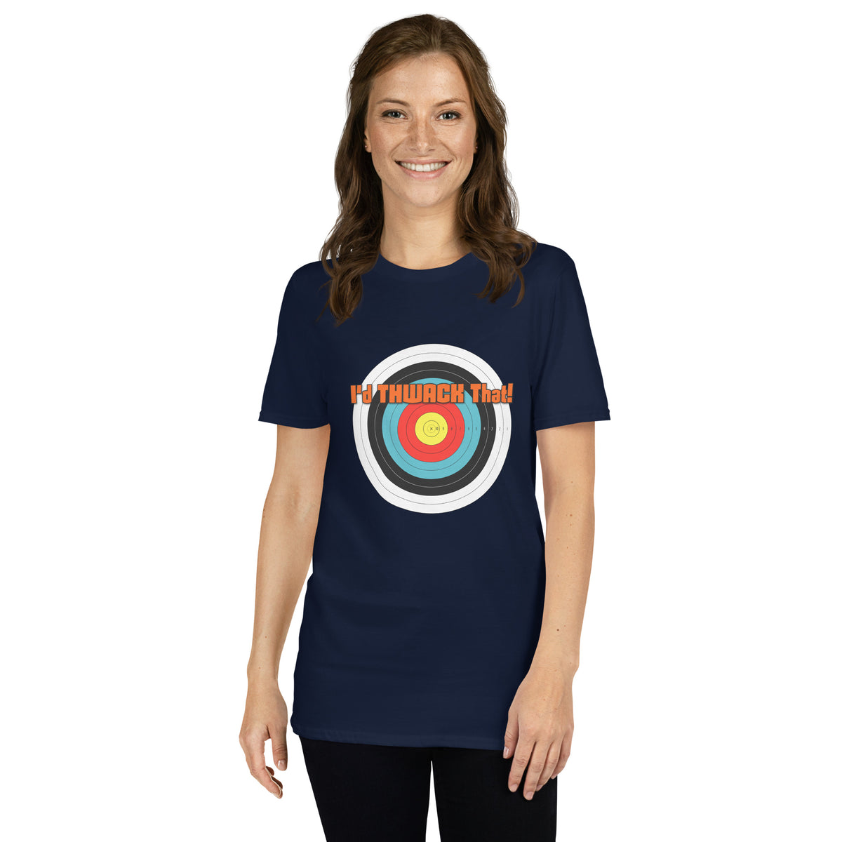 I'd Thwack That T-Shirt in Navy, front view on a model with the I'd THWACK That! target design