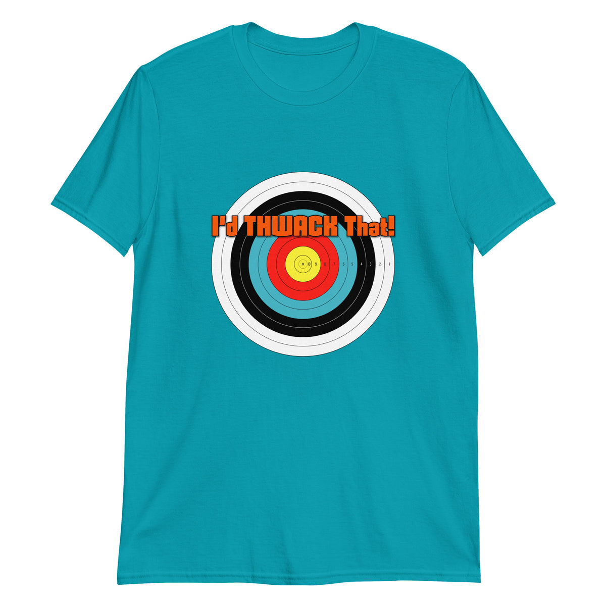 I'd Thwack That T-Shirt in Tropical Blue, flat front view with the I'd THWACK That! target design