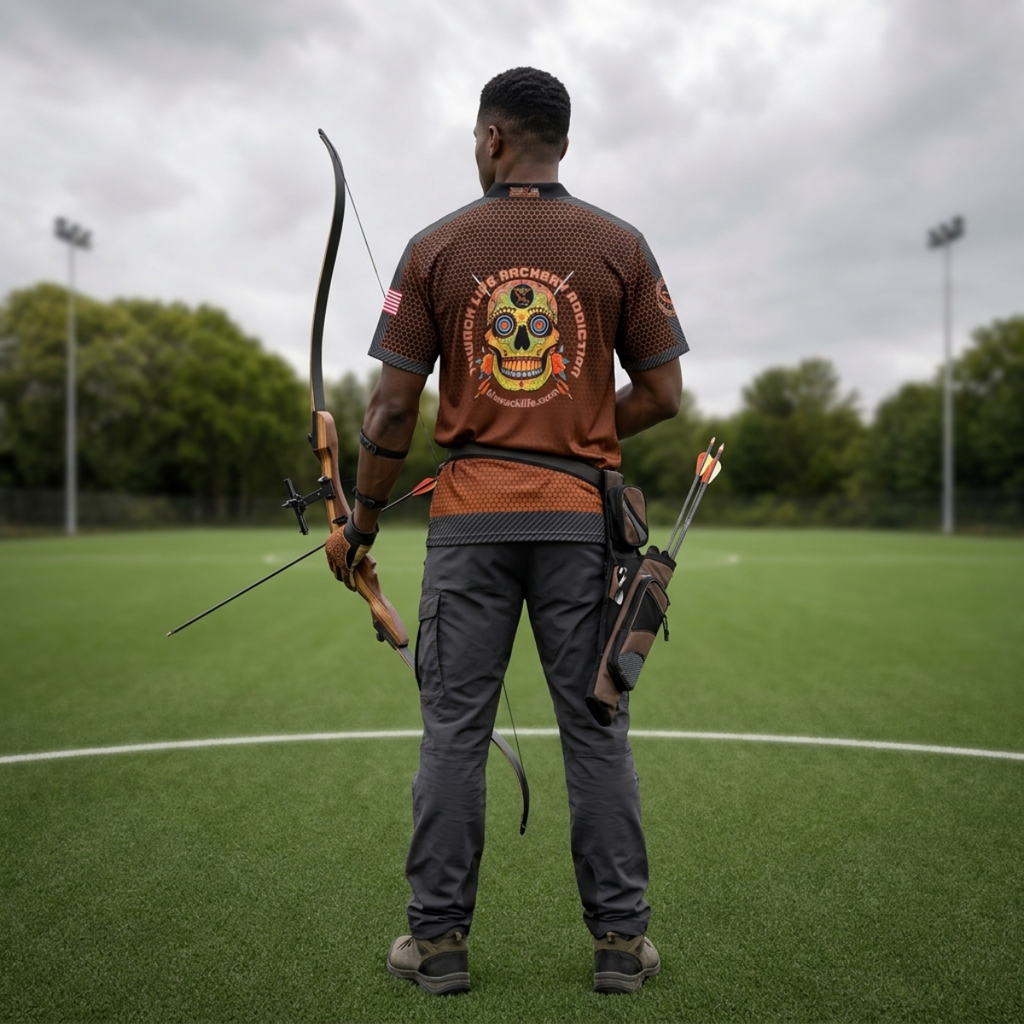 Thwack Life Archery Addiction Shooter Jersey in brown hex, worn by an archer holding a recurve bow on a field, back view showing the Sugar Skull medallion