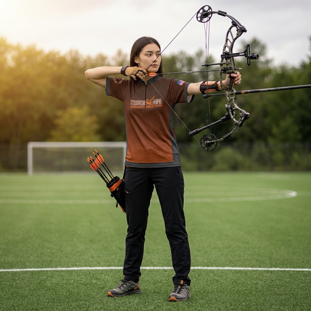 Thwack Life Archery Addiction Shooter Jersey in brown hex, worn by an archer drawing a compound bow on an outdoor range