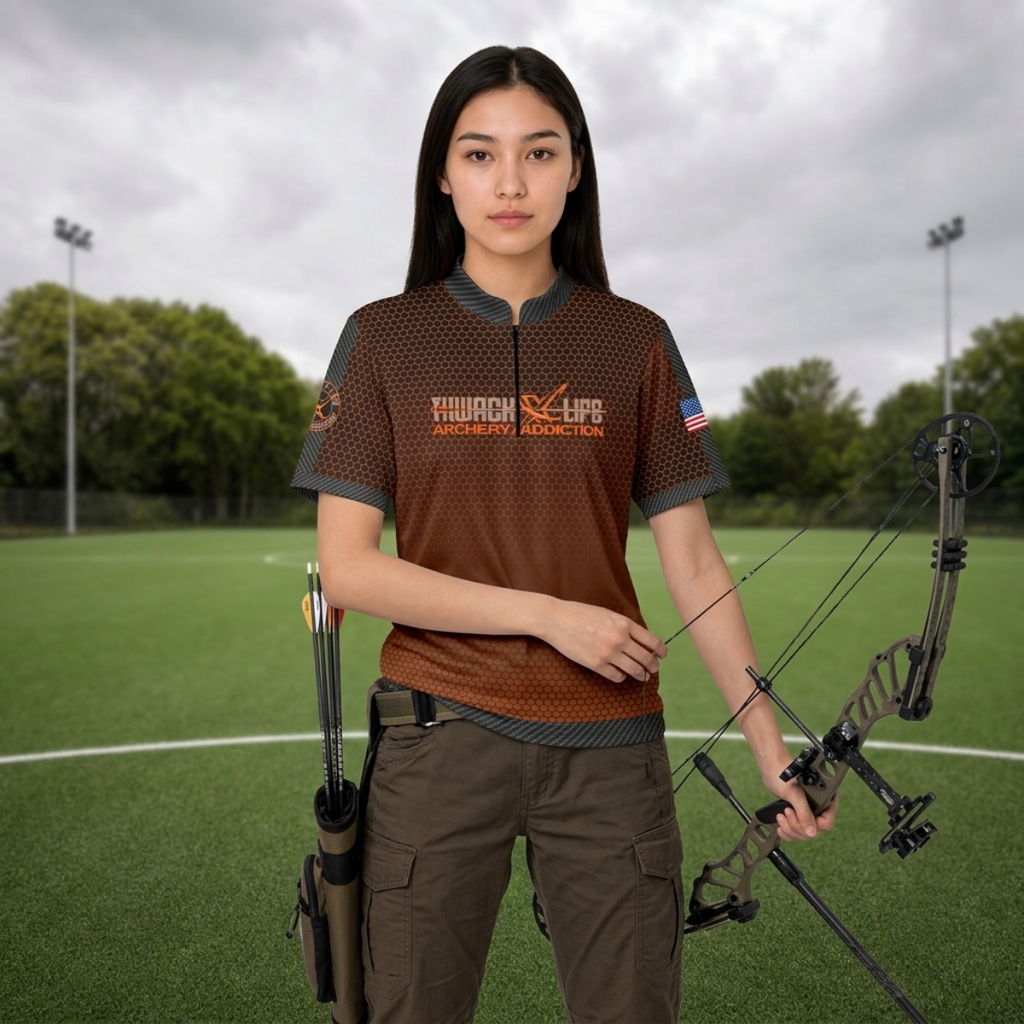 Thwack Life Archery Addiction Shooter Jersey in brown hex, worn by an archer holding a compound bow, front view with the wordmark across the chest