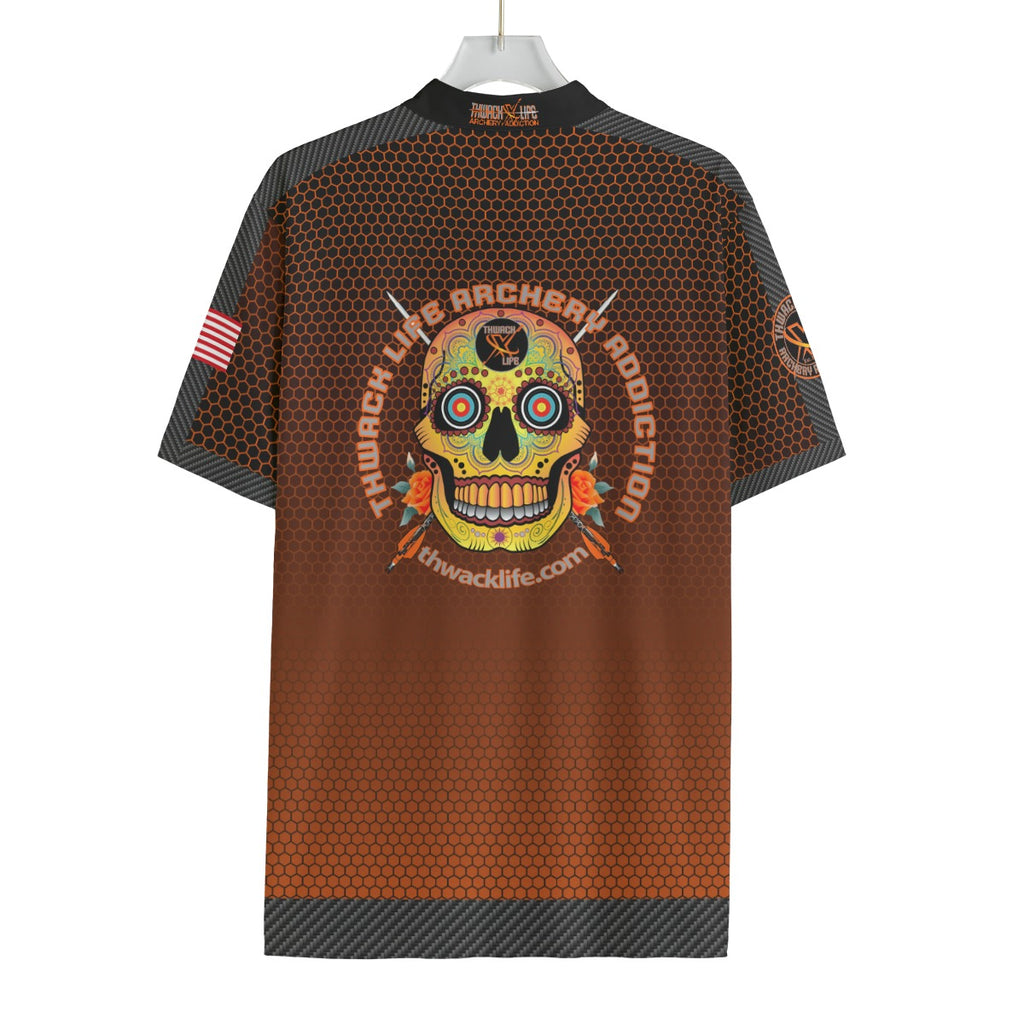 Thwack Life Archery Addiction Shooter Jersey in brown hex, back view showing the Sugar Skull medallion and Thwack Life Archery Addiction lettering
