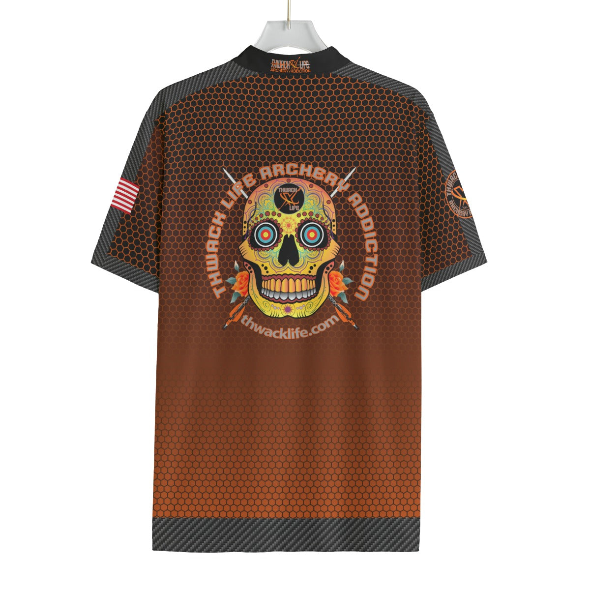 Thwack Life Archery Addiction Shooter Jersey in brown hex, back view showing the Sugar Skull medallion and Thwack Life Archery Addiction lettering