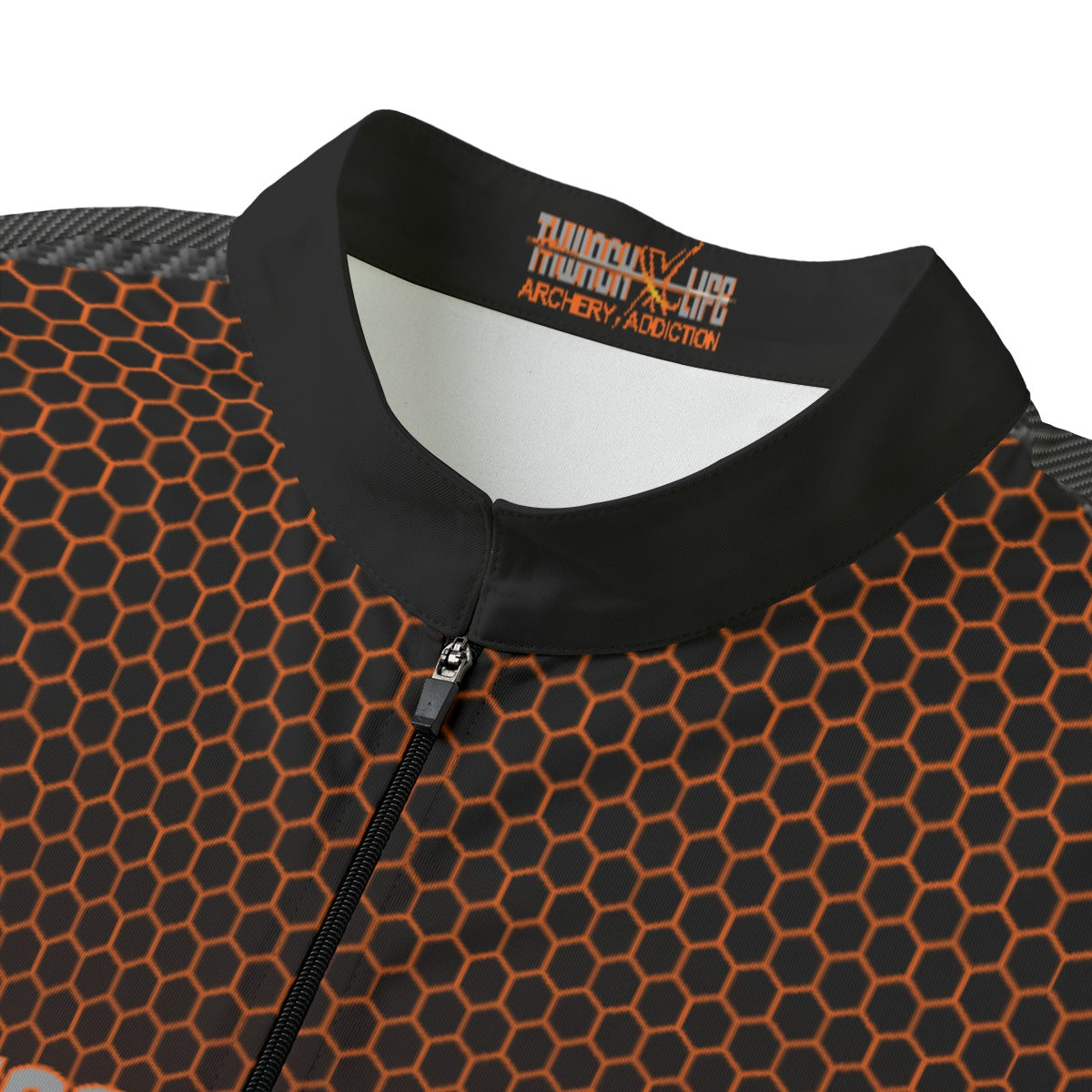 Thwack Life Archery Addiction Shooter Jersey in brown hex, close-up of the stand collar, half zip, and brown hex pattern