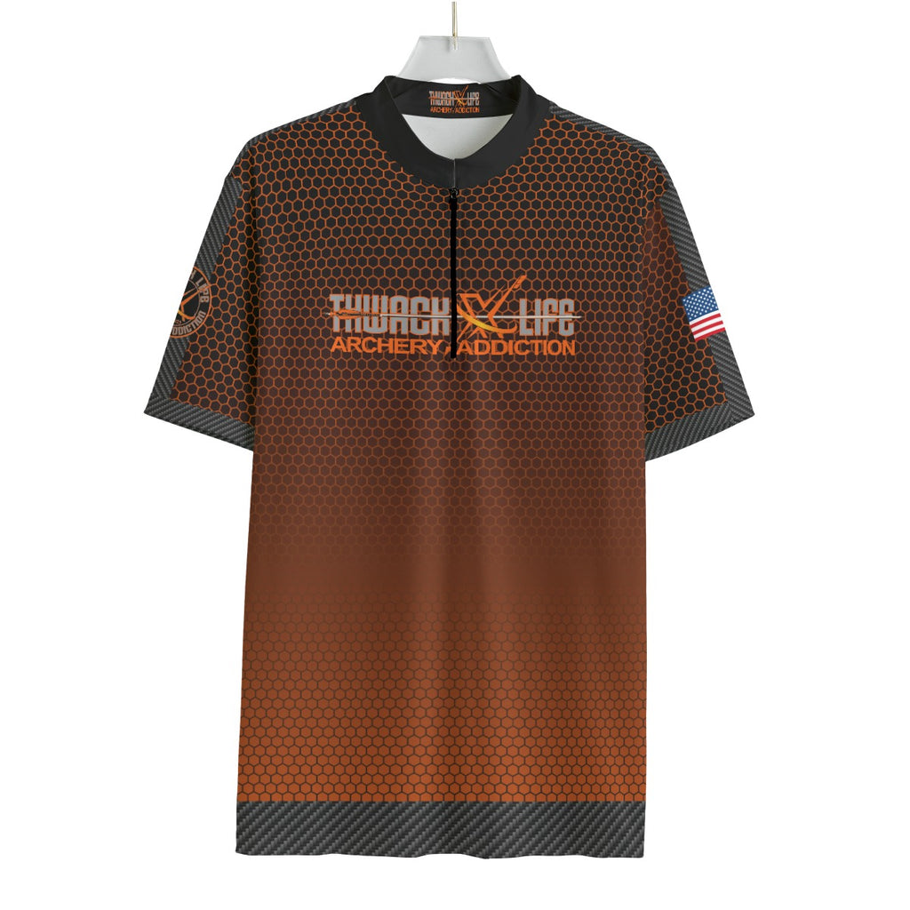 Thwack Life Archery Addiction Shooter Jersey in brown hex, front view with the Thwack Life Archery Addiction wordmark across the chest and US flag on the sleeve