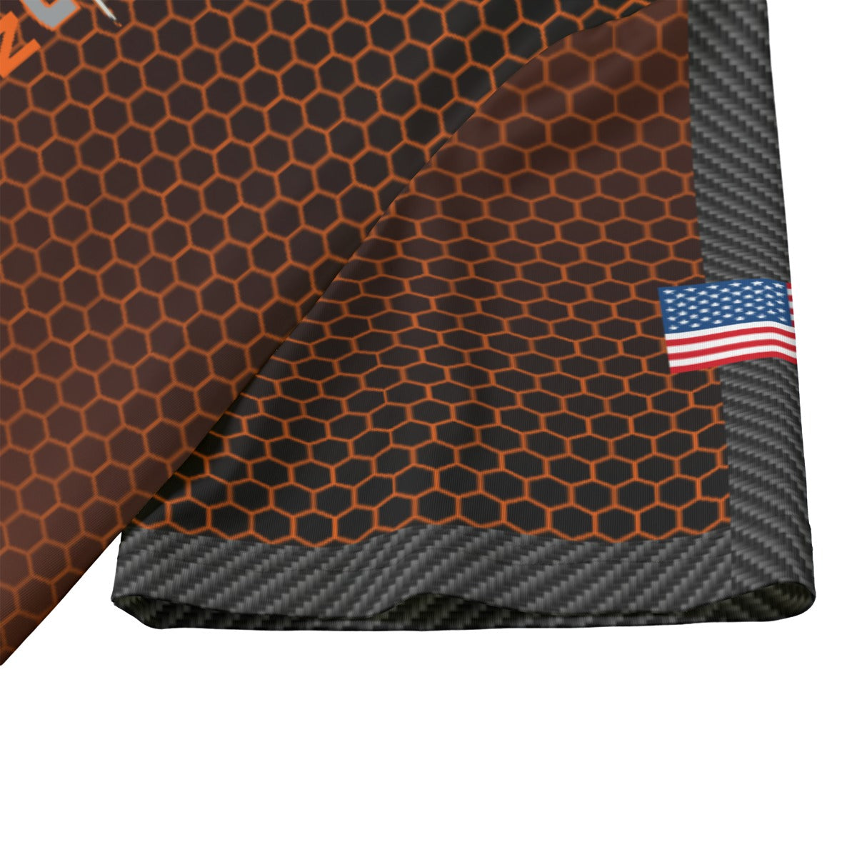 Thwack Life Archery Addiction Shooter Jersey in brown hex, close-up of the sleeve with the US flag and carbon-pattern trim