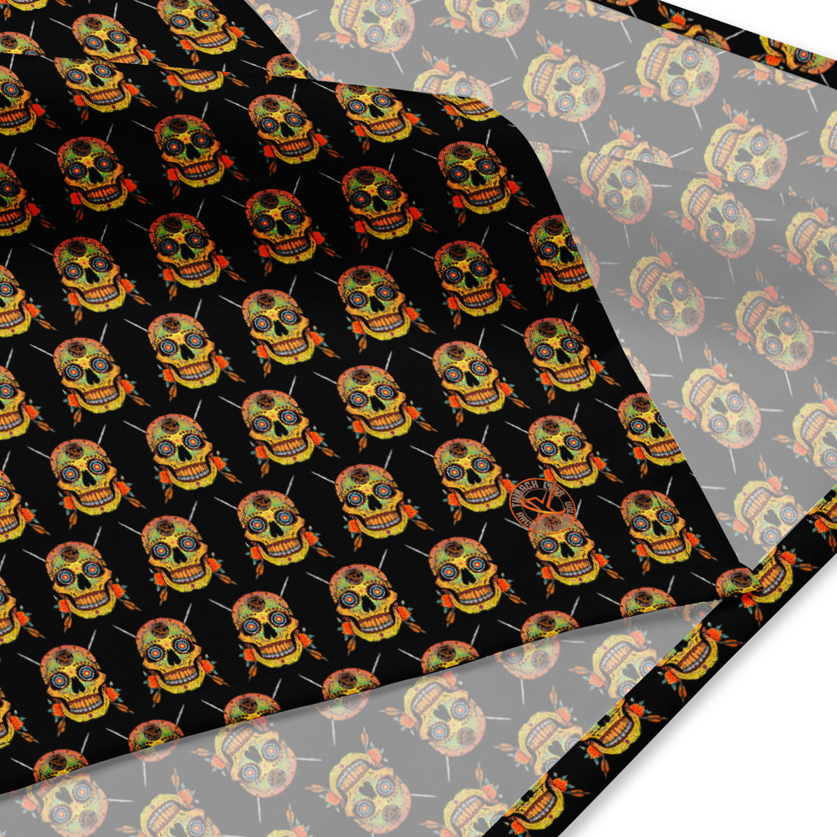 Sugar Skull Bandana, close-up of the all-over Sugar Skull print and hem