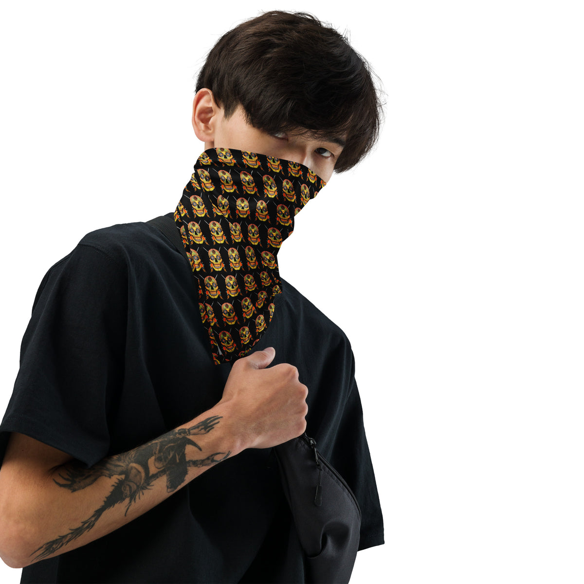Sugar Skull Bandana, worn as a face covering