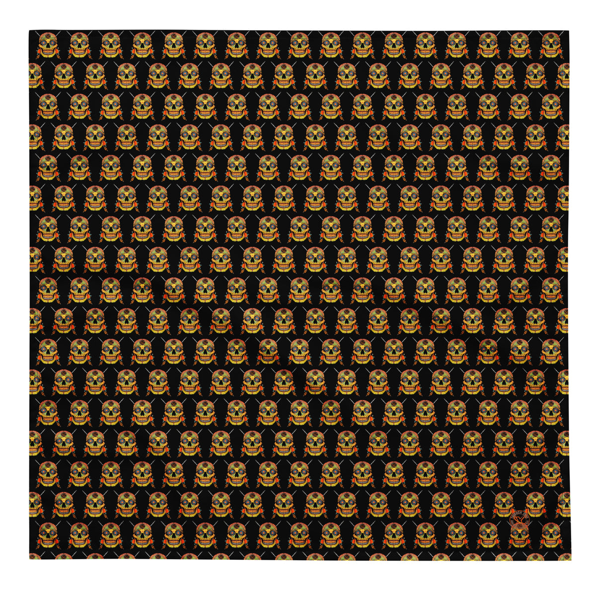 Sugar Skull Bandana, large size laid flat, all-over Sugar Skull print on black
