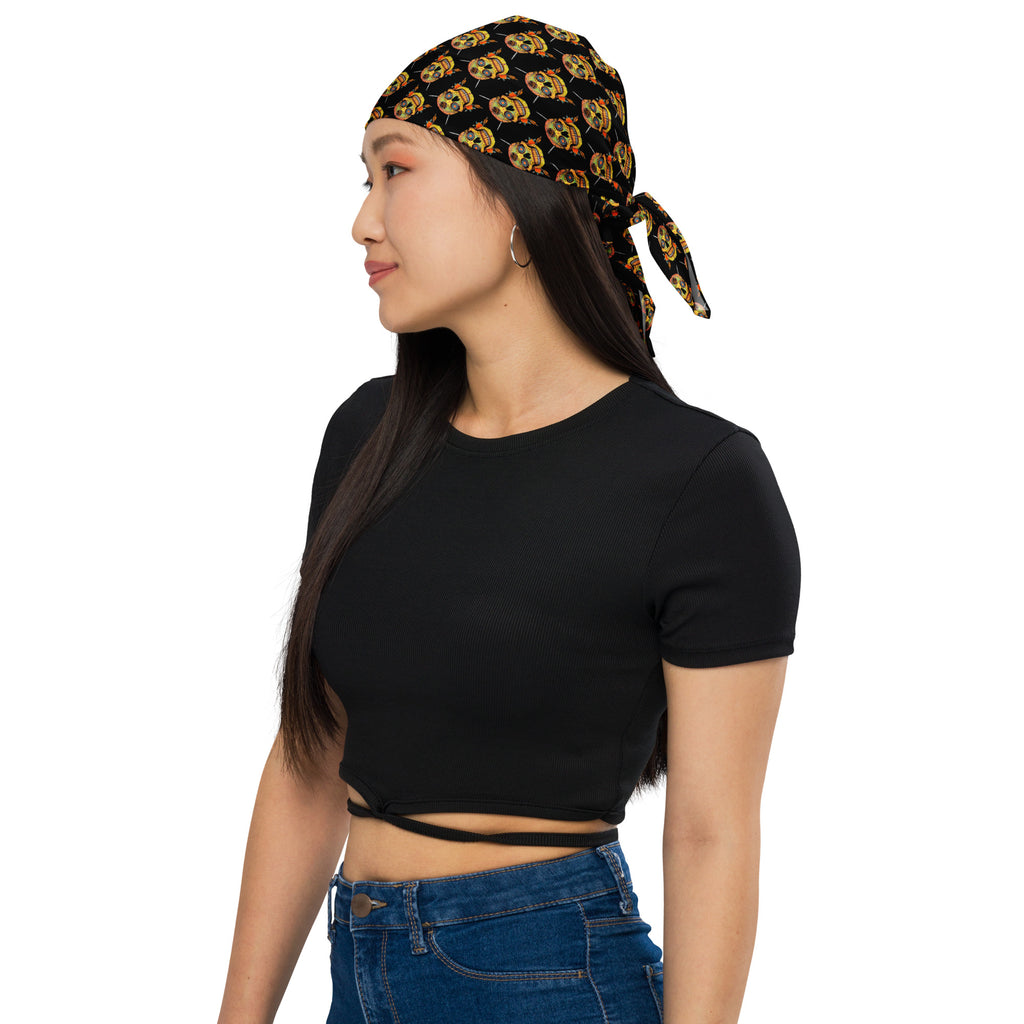 Sugar Skull Bandana, medium size worn as a head wrap