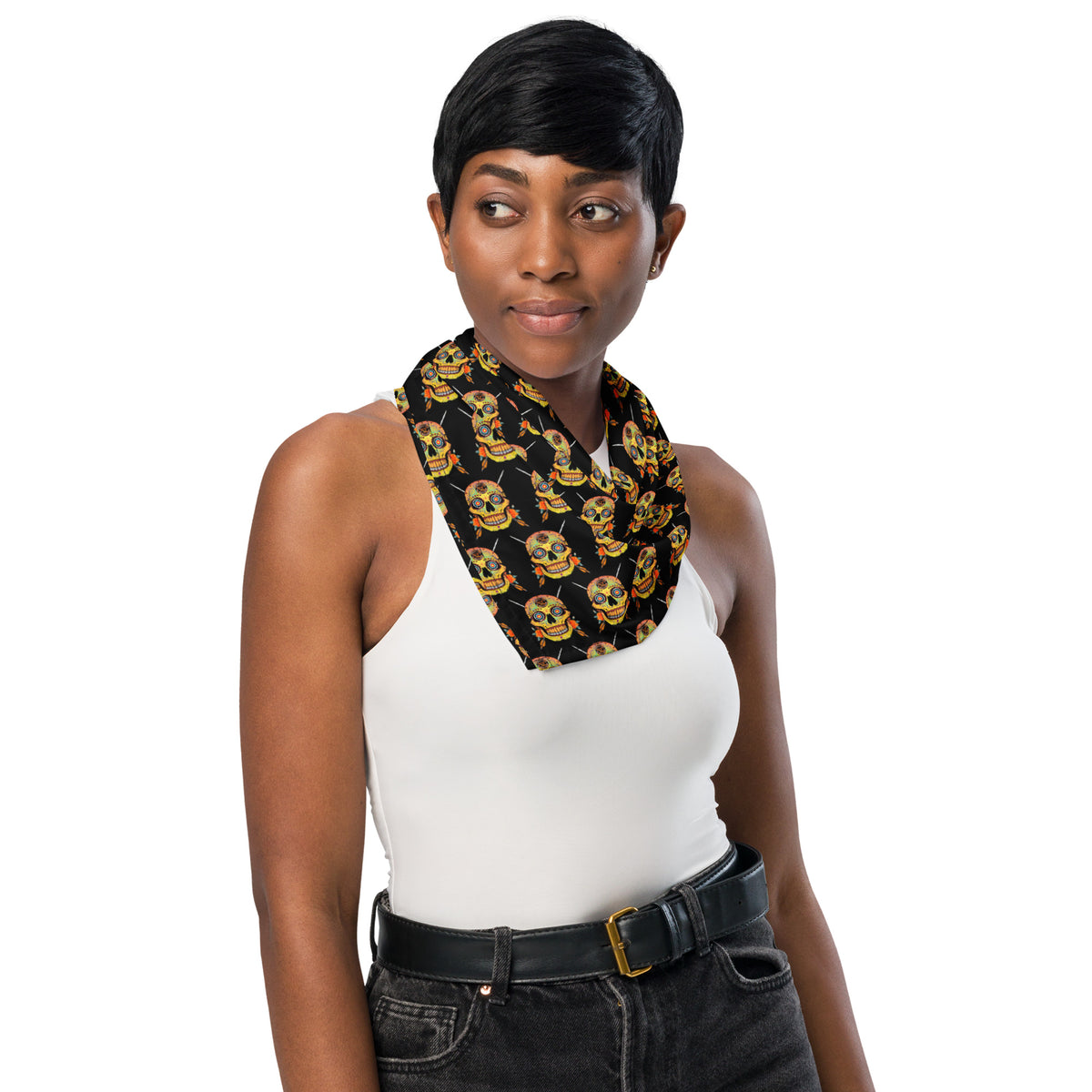 Sugar Skull Bandana, large size worn around the neck by a model