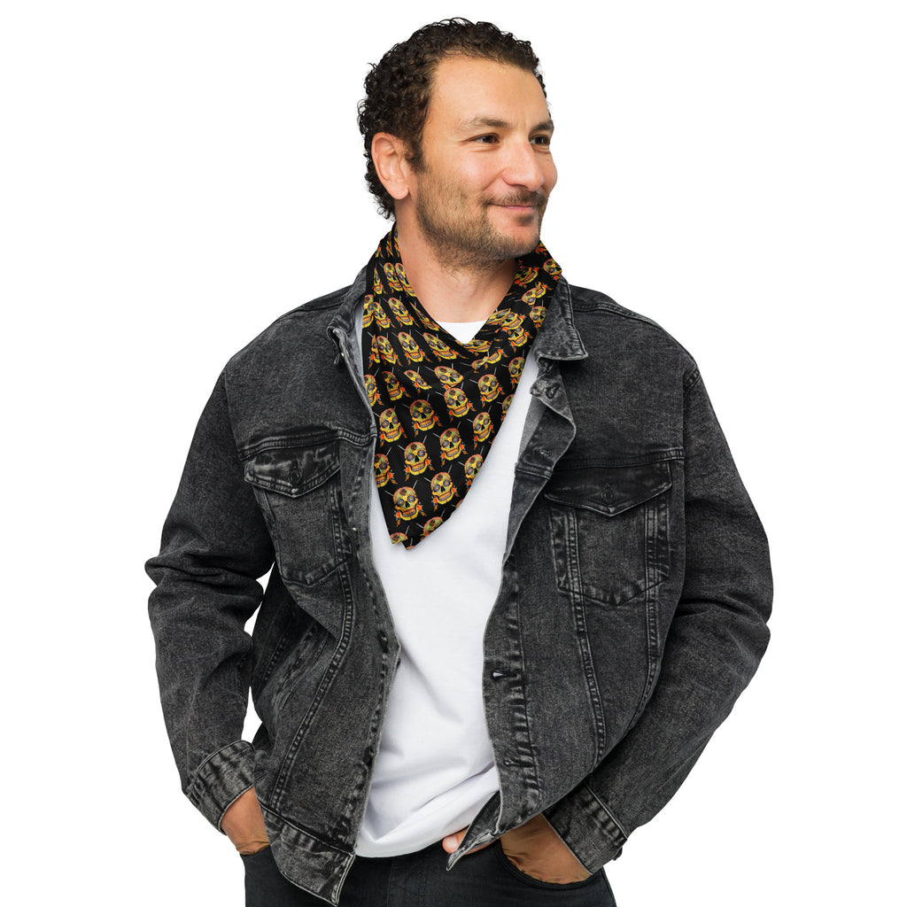 Sugar Skull Bandana, large size worn around the neck by a model in a denim jacket