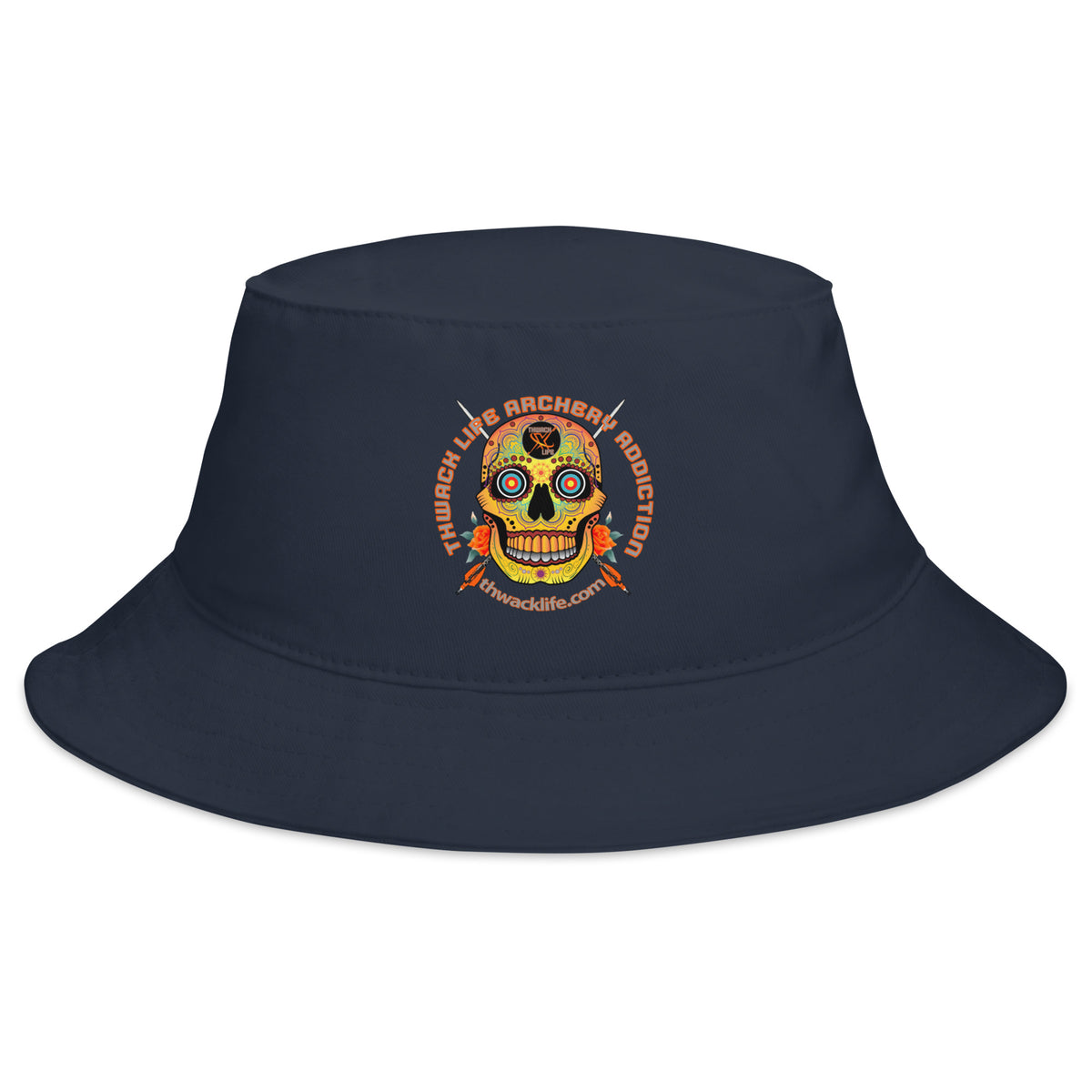 Sugar Skull Bucket Hat in Navy, product view showing the Sugar Skull with the Thwack Life Archery Addiction ring