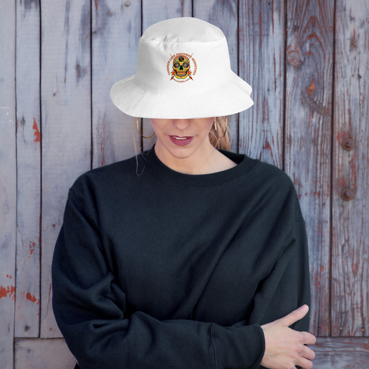 Sugar Skull Bucket Hat in White, worn by a model