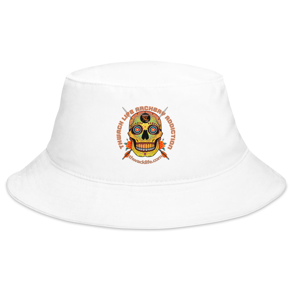 Sugar Skull Bucket Hat in White, product view showing the Sugar Skull with the Thwack Life Archery Addiction ring