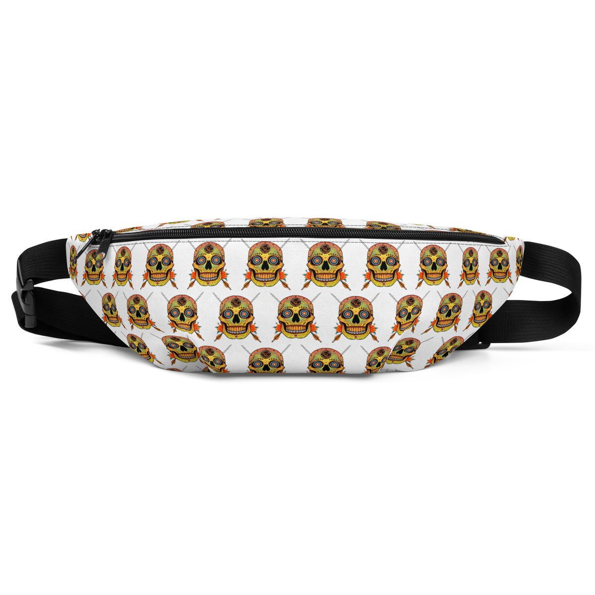 Sugar Skull Cross-Body Bag, product view, all-over Sugar Skull print on white