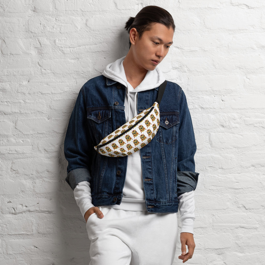 Sugar Skull Cross-Body Bag, worn across the chest by a model in a denim jacket