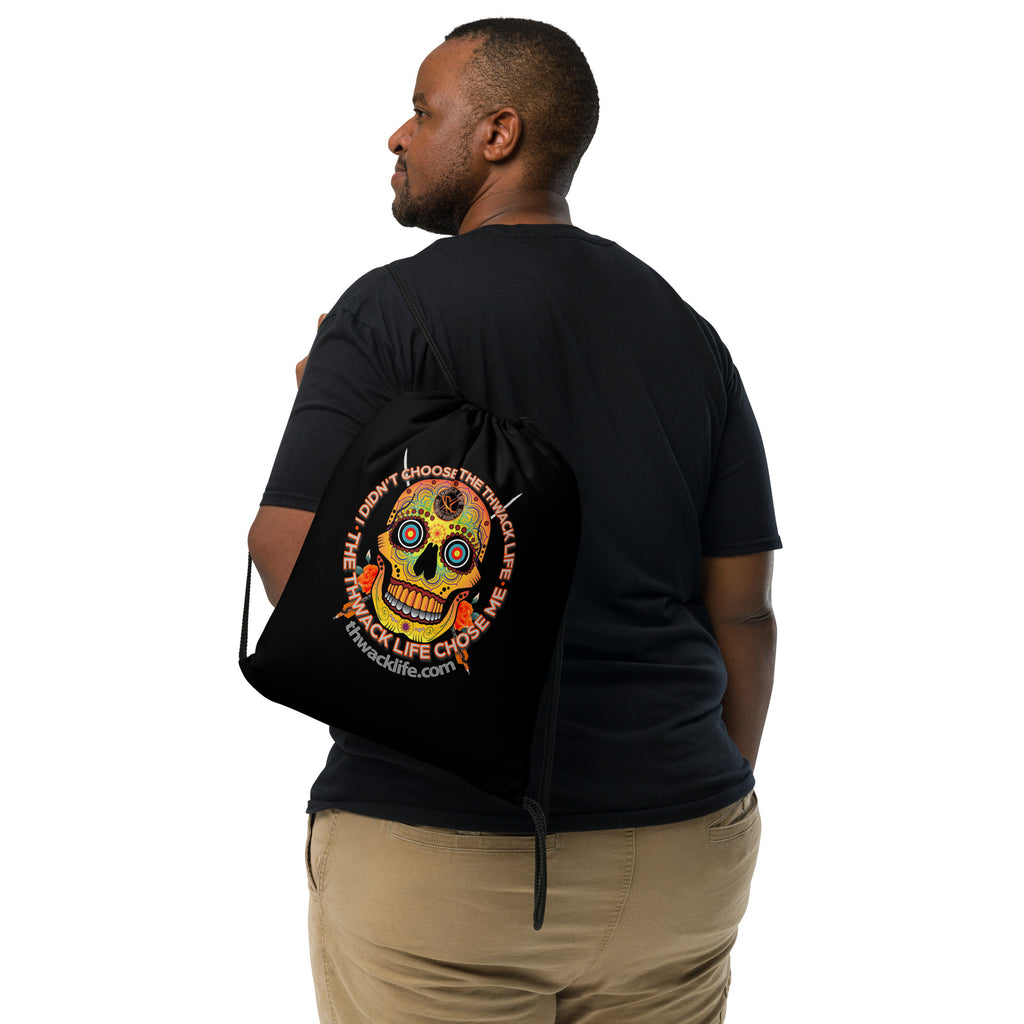 Sugar Skull Drawstring Bag, worn on the back of a model
