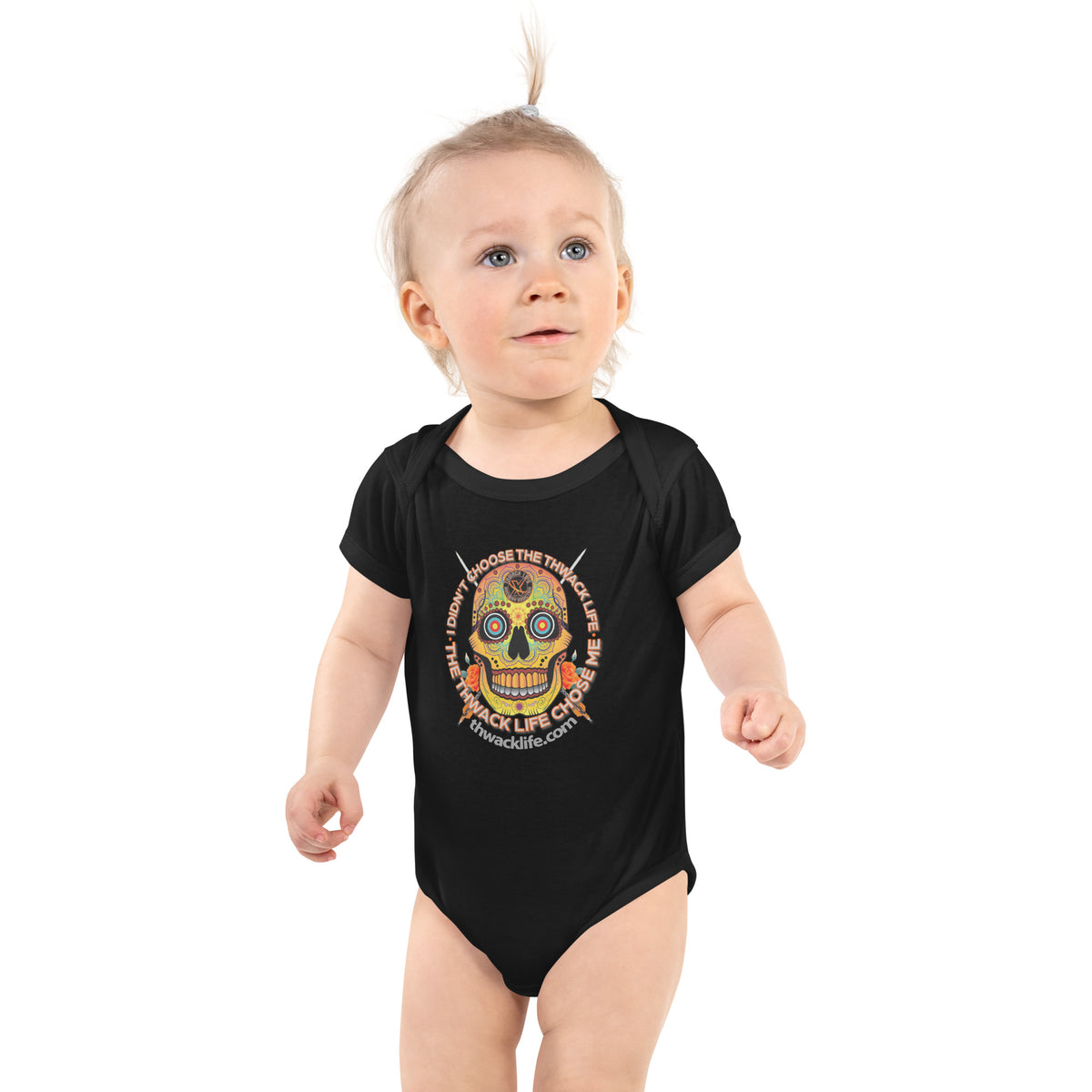 Sugar Skull Infant Bodysuit in Black, worn by a baby