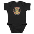 Sugar Skull Infant Bodysuit in Black, flat front view with the Sugar Skull inside the "I didn't choose the Thwack Life, the Thwack Life chose me" ring