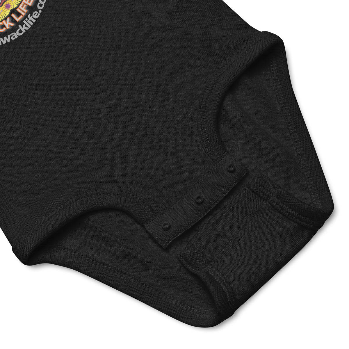 Sugar Skull Infant Bodysuit in Black, close-up of the snap closure