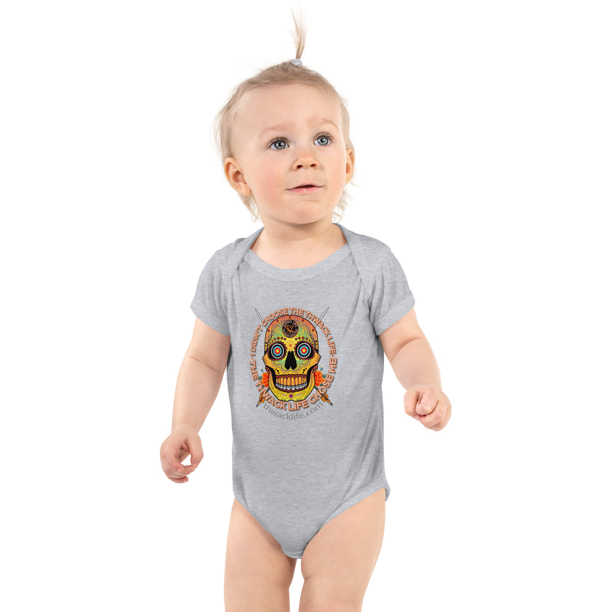 Sugar Skull Infant Bodysuit in Heather, worn by a baby