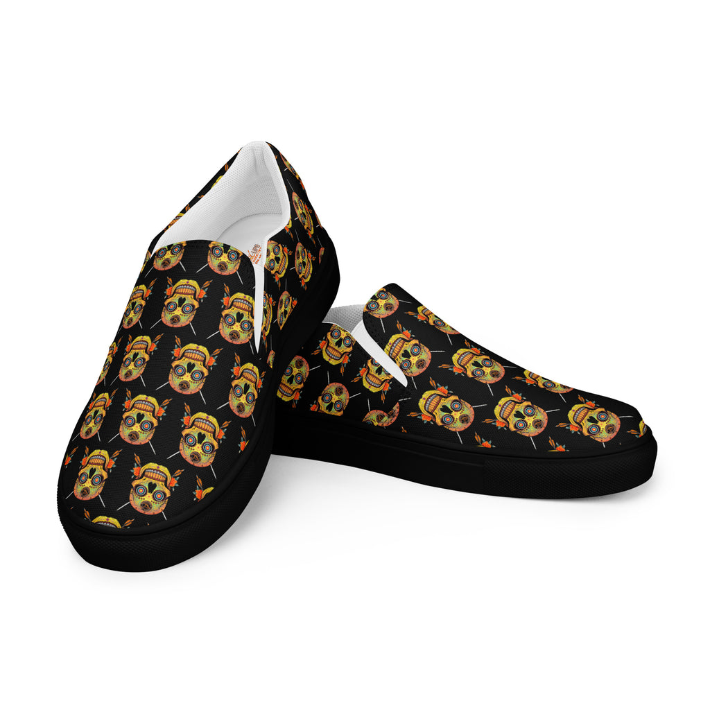 Sugar Skull Kick-Around Shoes, pair, three-quarter view, all-over Sugar Skull print on black
