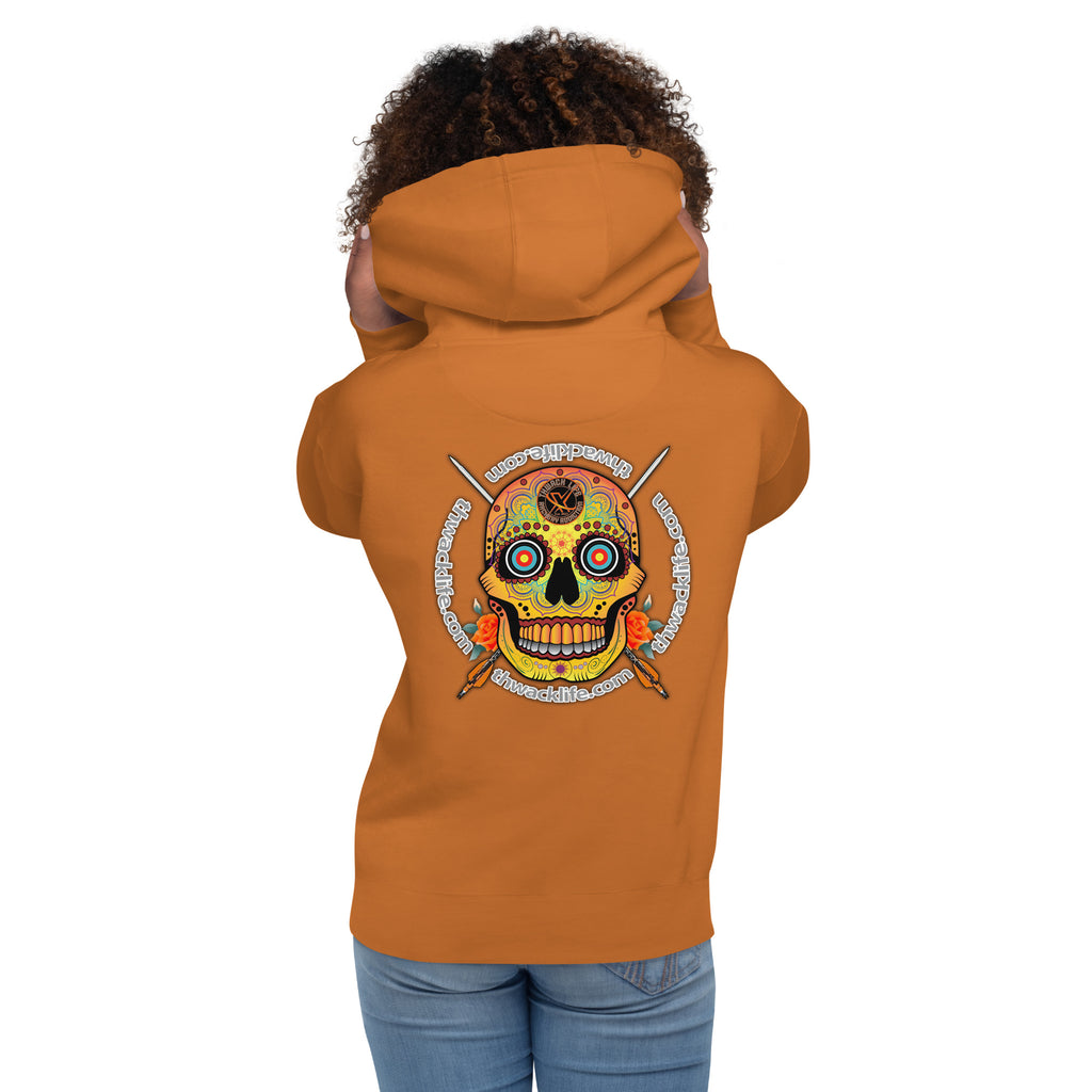 Sugar Skull Pullover Hoodie in Adobe, back view on a model showing the Sugar Skull with the thwacklife.com ring