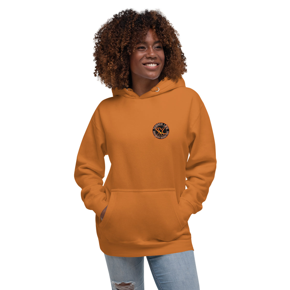 Sugar Skull Pullover Hoodie in Adobe, front view on a model with the small round chest logo